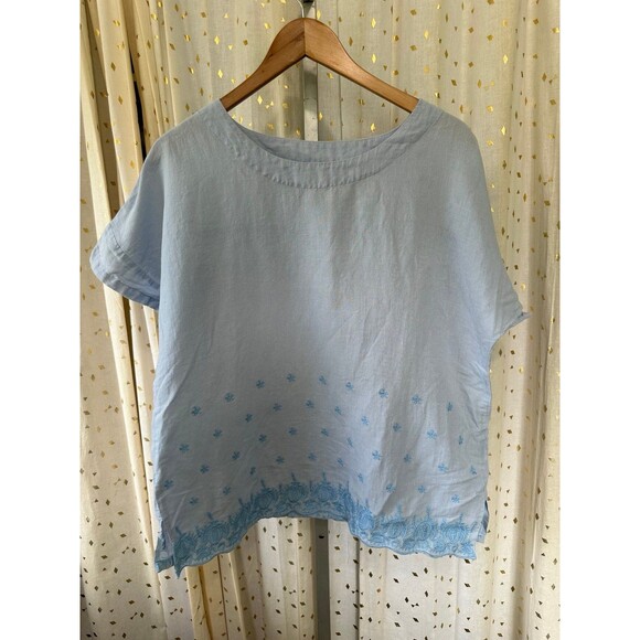 Minibee Blue Summer Linen Tunic Shirt High Low Hem Embroidery Blouse Top L - Picture 2 of 5